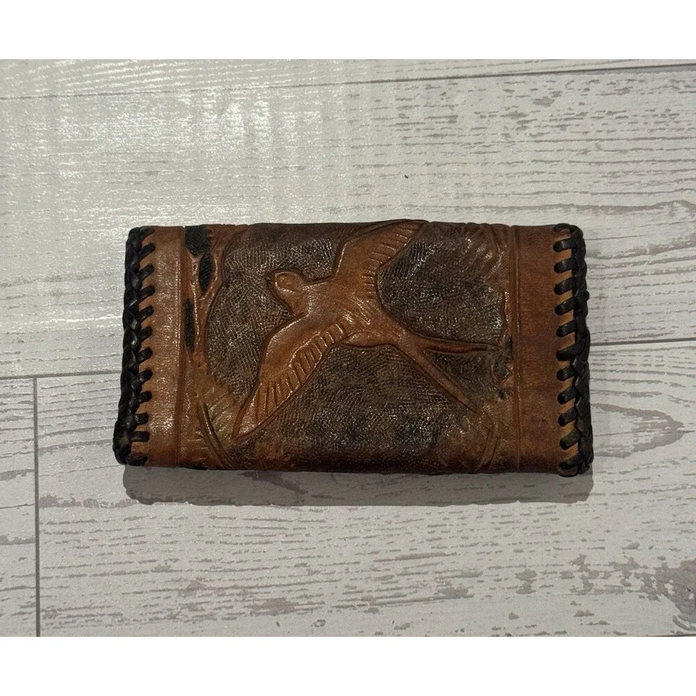 VTG Hand Tooled Leather Bird Floral Mini Key Case Western Whipstitch Tan Brown